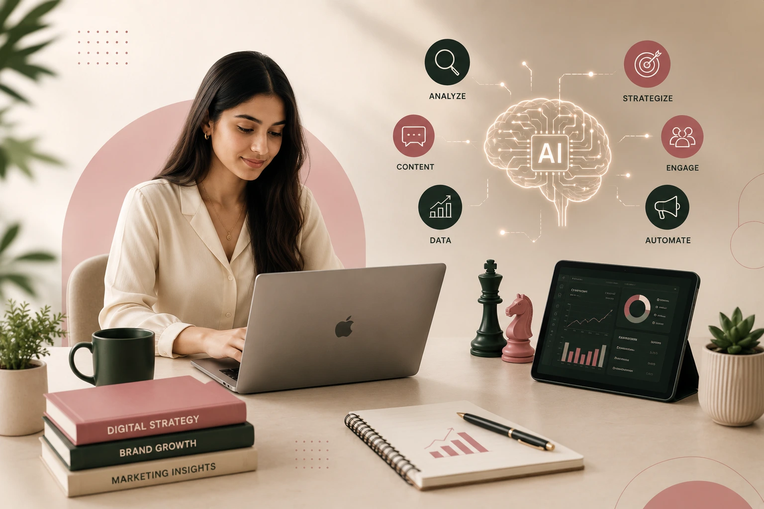 Artificial intelligence and digital marketing workspace showing AI-powered analytics, marketing strategy, automation, data analysis, and business growth concepts.