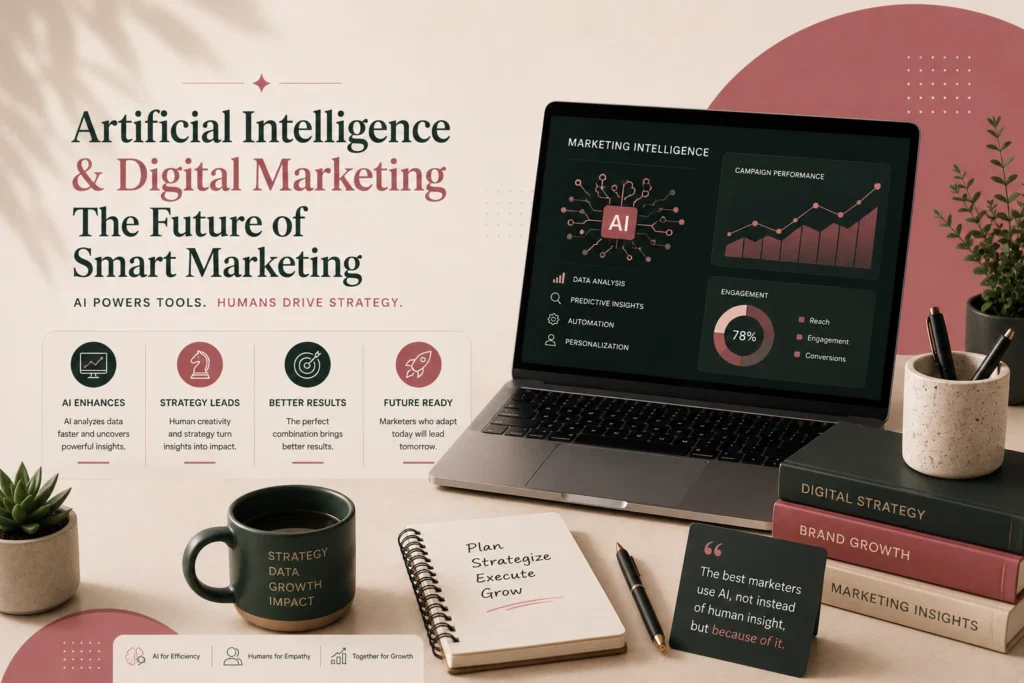 Illustration of artificial intelligence in digital marketing featuring AI analytics, campaign performance dashboard, automation, data analysis, and smart marketing strategy.
