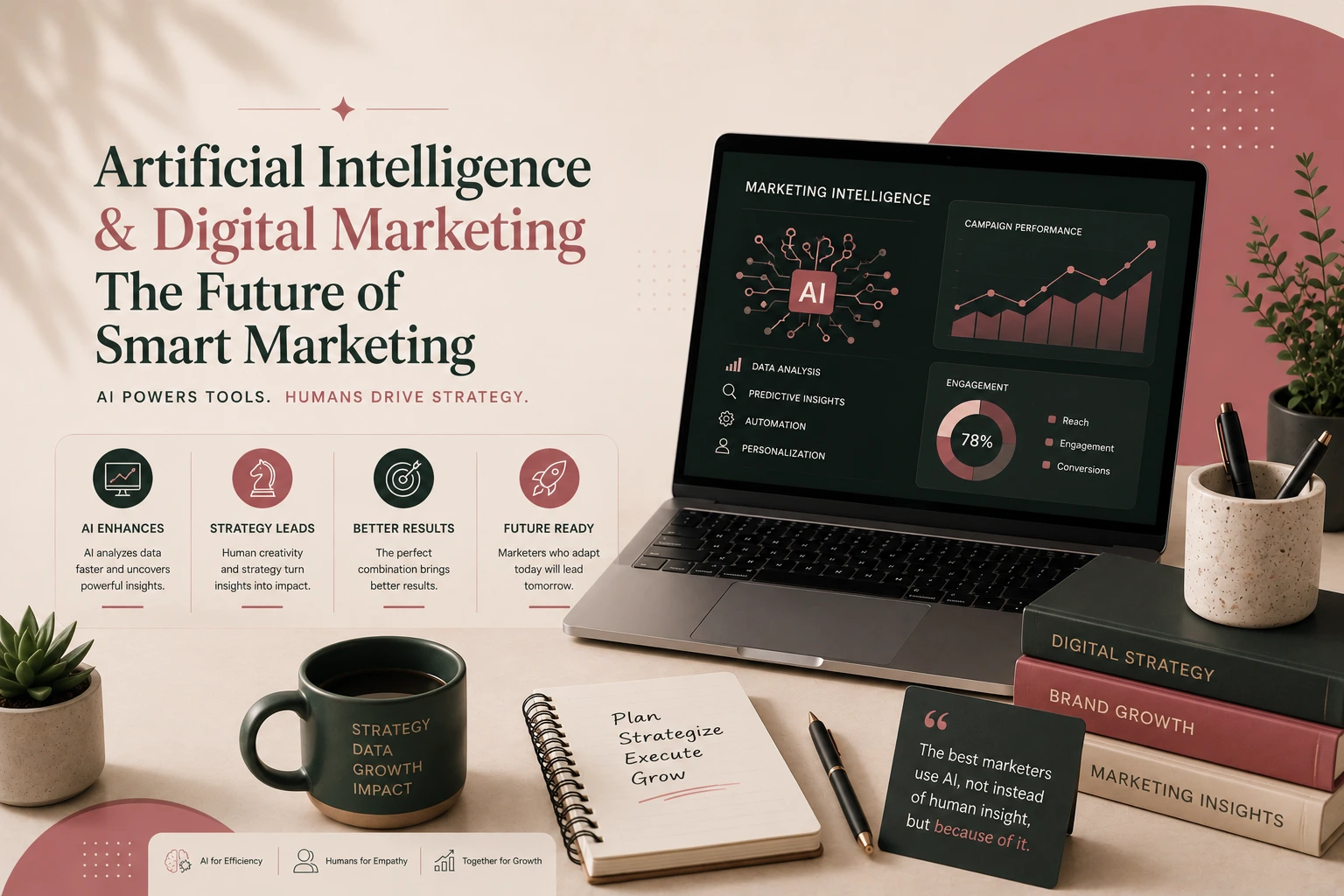 Illustration of artificial intelligence in digital marketing featuring AI analytics, campaign performance dashboard, automation, data analysis, and smart marketing strategy.